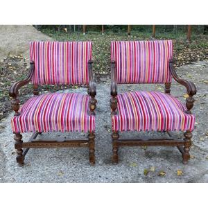 2 Late 19th Century Style Armchairs In Solid Walnut