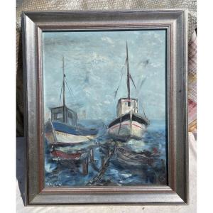 Oil Painting On Canvas "the 2 Boats" Nostalgia 