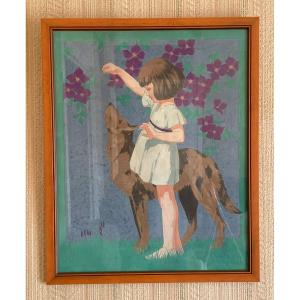Painting By J. Reculon "young Girl And The Dog"