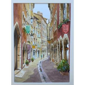 Watercolor Of Old Lyon And Its Bouchon Lyonnais Restaurants