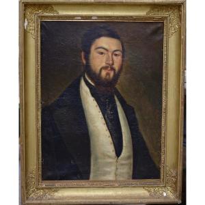 Portrait Of A Man In A White Vest, Oil On Canvas 19th Century