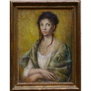 Portrait Of A Young Woman With A Shawl, Oil On Canvas Circa 1950