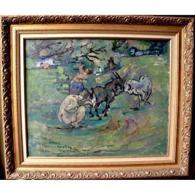 Antonin Gueton, Goats And Farmer, Oil On Canvas 1930