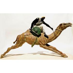 Edouart Drouot, After, "galloping Camel Rider" Polychrome Spelter