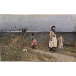 "gypsy Family On The Road" Oil On Canvas 19th Century