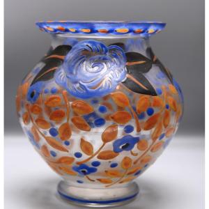 A.drien Mazoyer Enameled Glass Vase Circa 1940