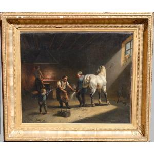 Louis-claude Mallebranche (1790-1838) "at The Blacksmith's" Oil On Canvas Circa 1820