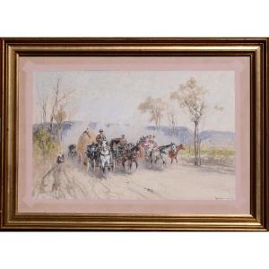 Francesco Mancini "strada Trafficata" Watercolor 19th