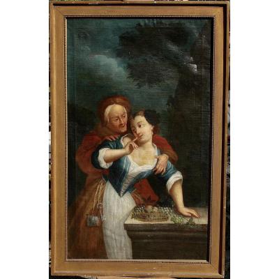 "La Jeune Fille et le Vieillard" Huile sur Toile XIXème
