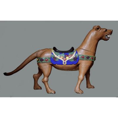 Large Lioness Of Painted Carved Wood, Early Twentieth