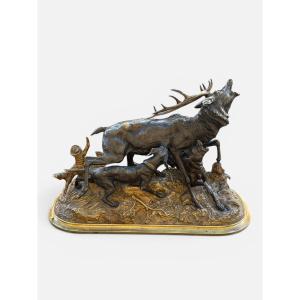 Bronze Stag With Dogs. édouard Paul Delabrière (1829-1912)