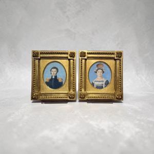 Pair Of Portraits. Gouaches (pictorial Technique). Empire Period. France.