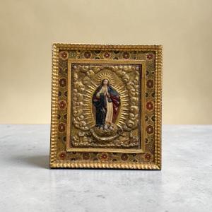 Immaculate. Relief In Gilded And Polychromed Wood. 19th Century Andalusian School