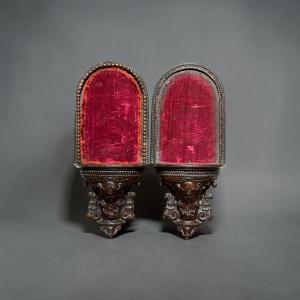 Pair Of Carved Consoles Covered With Embossed Leather. Second Half Of The 19th Century.