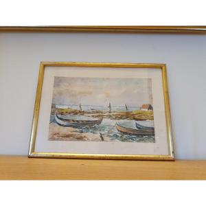 Bassin d'Arcachon, Pinassottes, Watercolor, Signed, XX°.