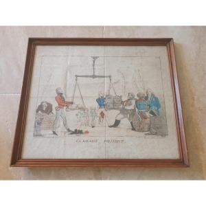 Yellow Dwarf, The Political Balance, Colored Engraving, France, 1815.