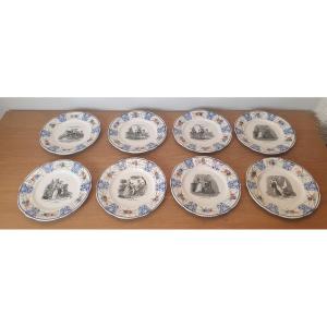 Creil And Montereau, Lebeuf And Milliet, 8 Dessert Plates, Earthenware, XIX °.