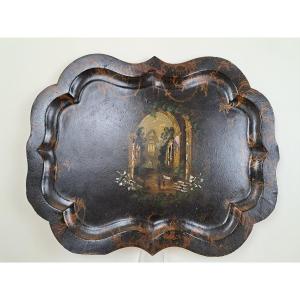 Large Tray, Burgundy Decor, Boiled Cardboard, England, 19th Century.