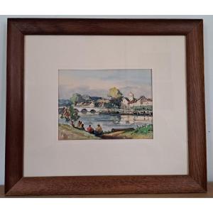 André Duculty, Fishermen Along The River, Watercolor, 20th Century.