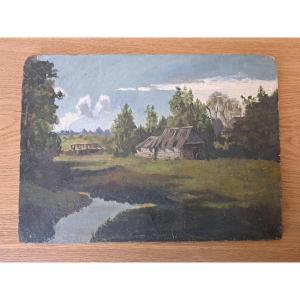 Farm In A Bocage, Oil On Panel, Late 19th Century. 