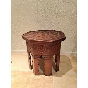 Morocco, Octagonal Pedestal Table, Carved Solid Wood, Early 20th Century. 