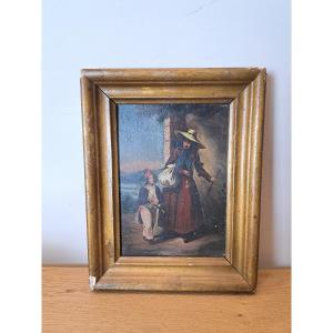 Mother And Son, Oil On Cardboard, 19th Century.