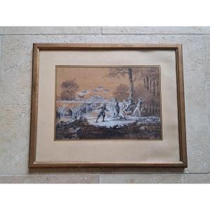 J.caron, Group Of Children At The Water's Edge, Drawing, Watercolor, Late 19th Century. 