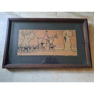 Huntsman And His Pack, Lithograph/stencil, Signed, 20th Century. 
