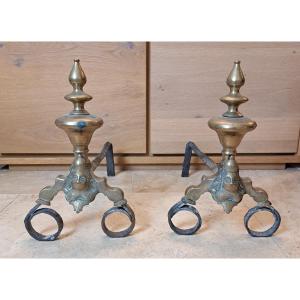 Pair Of Andirons With Marmousets And Bobèches, Bronze, XVII°. 