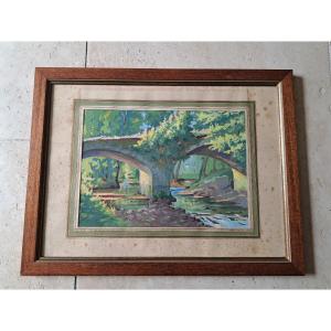 The Old Bridge, Gouache On Paper, Signed, 20th Century. 