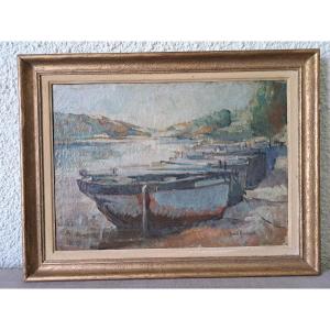 René Godard, Sardiniers At The Quay, Oil On Canvas, 20th Century. 