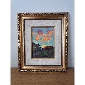 Ukrainienne School, Landscape, Oil On Cardboard, Year 60. 
