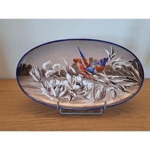 Hb Choisy Le Roi, Oval Dish, Martin Pêcheur, Earthenware, 19th Century. 