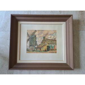 Farm And Mill, Watercolor, F.baumont. Late 19th Century.