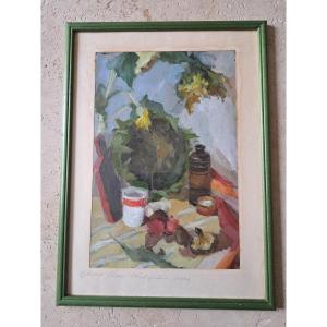 Russian School, Still Life, Oil On Paper, 20th Century. 