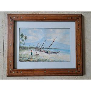 Exotic Seaside, Signed Watercolor, 20th Century.