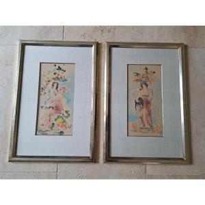 Allegories, Pair Of Watercolors, Monogram Jr, 20th Century.