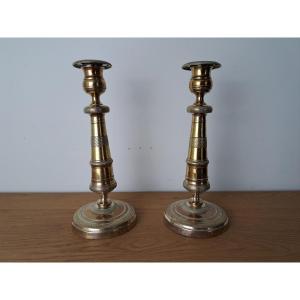 Pair Of Candlesticks, Bronze, Restoration Period, 19th Century.