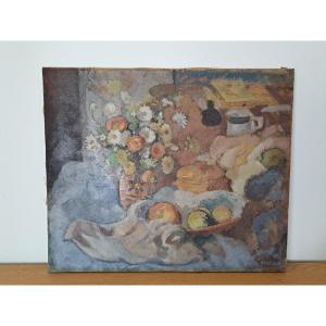 Still Life With Flowered Vase, Oil On Canvas, Signed, XX°.