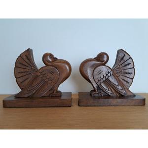 Pair Of Pigeons, Pair Of Bookends, Wood, Art Deco, 20th Century.
