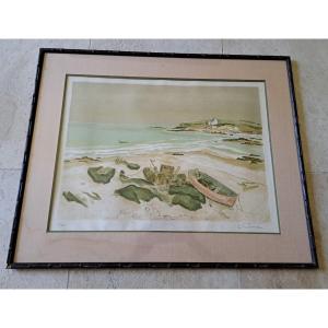 Louis Vuillermoz, Brittany Coast, Corcarneau, Lithograph, 20th Century.