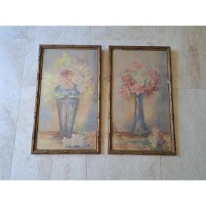 Bouquets Of Flowers, Pair Of Watercolors By Pardonneau, Early 20th Century. 