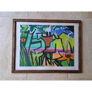 Maurice Pargade, Couple In A Garden, Gouache On Paper, 20th Century.