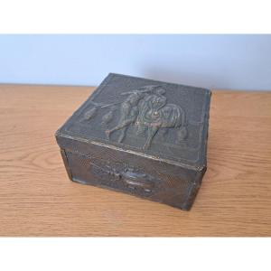 Harlequin And Columbine, Repoussé Brass Box, Art Nouveau, Early 20th Century.