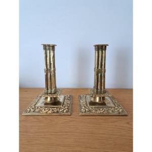 Pair Of Financière Candlesticks, Gilt Bronze, Haute Epoque Style, 19th Century.