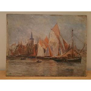 Maurice Courant, Sailboats In A Breton Port, Oil On Panel, Early 20th Century. 