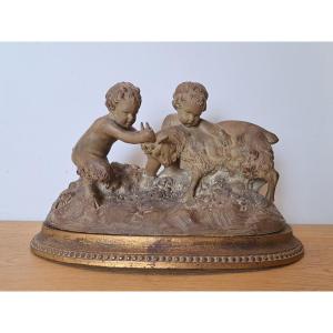 Joseph d'Asté, Group Of Children And Faun Playing With A Goat, Terracotta, Signed, 19th Century.