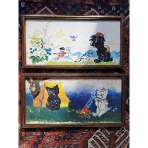 In The Spirit Of Pierre Probst, Cats, Pair Of Gouaches, 20th Century.