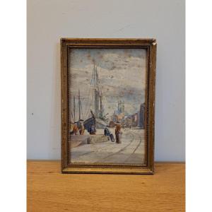 Jean Laperdrix, Sailboats At Quay, Fécamp, Watercolor, 20th Century.