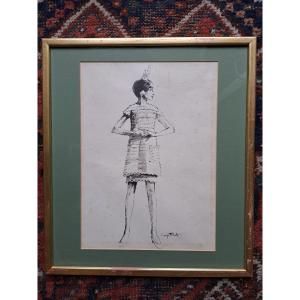 Fashion Drawing, Ink On Paper, 20th Century.